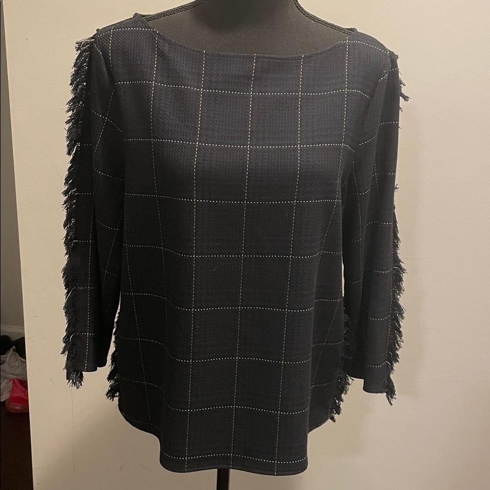 H&M Plaid Top Blouse Size10 Black Blue Yellow Decorative Fraying Preppy Academia